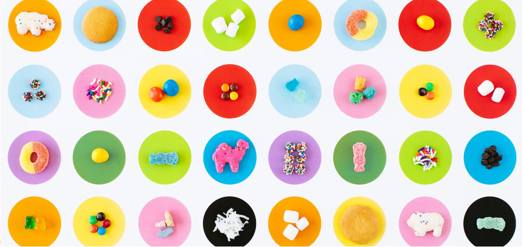 different toppings with a colorful background in little circles
