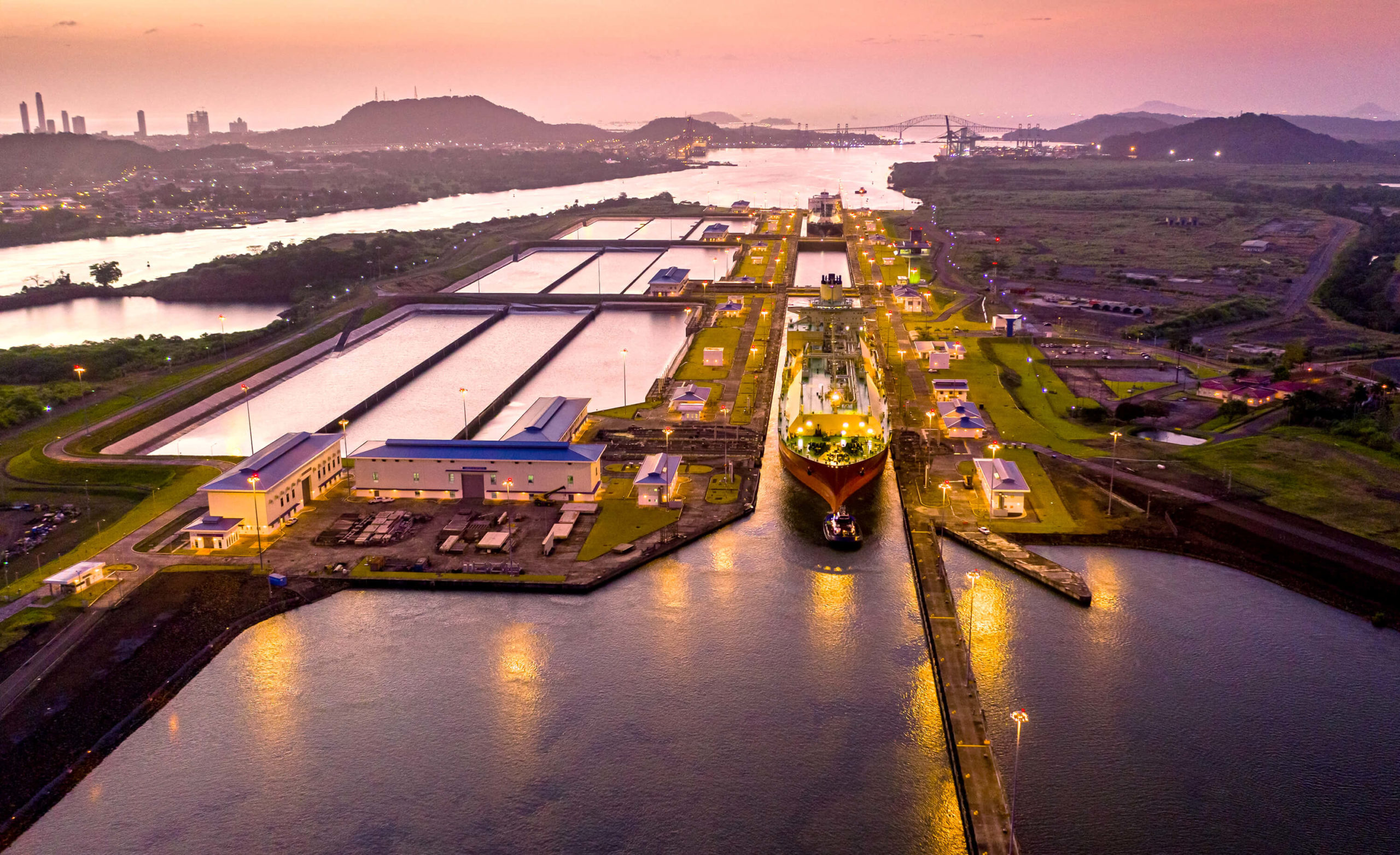 the panama canal with a sunset