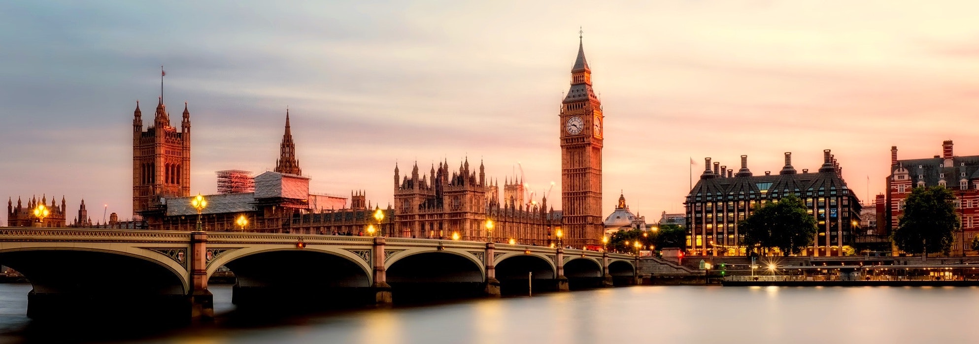 Late evening landscape of London with Big Ben tower in the center