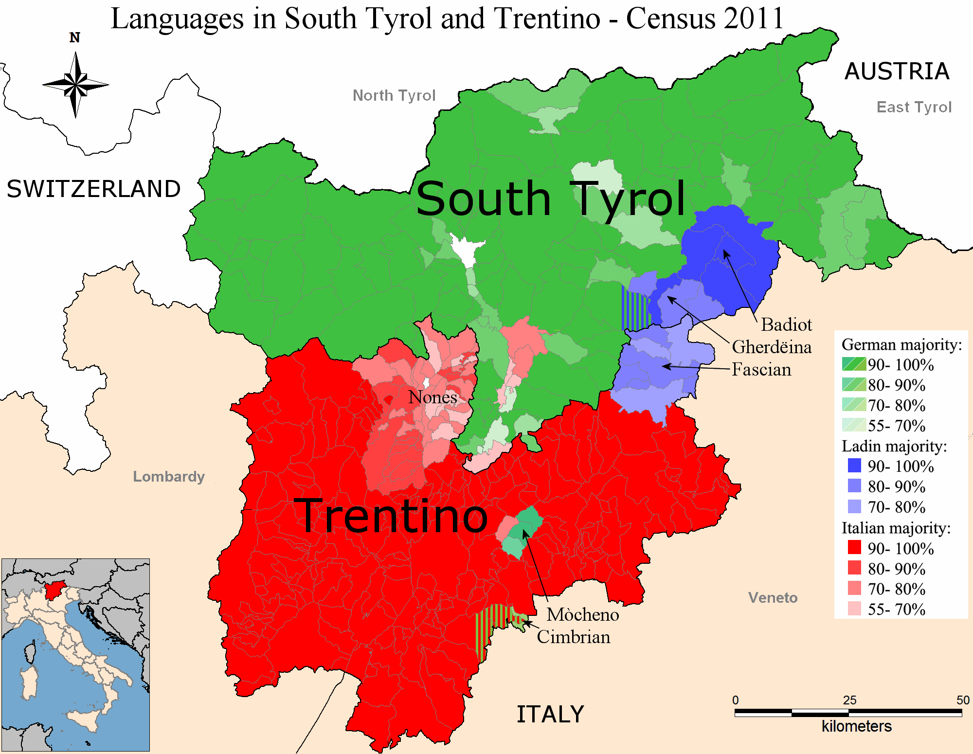 Map of German and Ladin-speaking areas